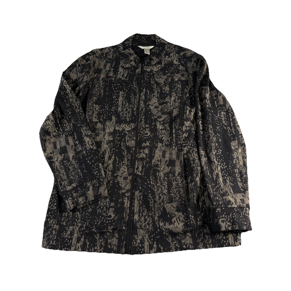 CJ Banks Black & Gray PrintLt Wt Cotton LS Zip Front Jacket Size 1X Sparkle - Picture 2 of 15